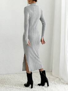SHEIN Essnce Polo Neck Split Thigh Ribbed Knit Split Thigh Dress - Grey - View 2