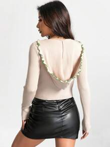 SHEIN Unity Crop Pullover mit Kapuze, Schnürung vorne und Kontrastbesatz, gerippter Strick, Herbst-Winter-Pullover - Aprikosenfarben - Übersicht 2
