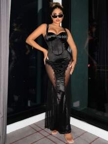 SHEIN SXY Contrast Mesh Bustier Cami Dress - Black - View 5