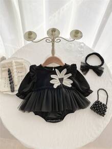 女嬰印花荷葉邊網紗拼接連體衣 - 黑色 - 查看 1