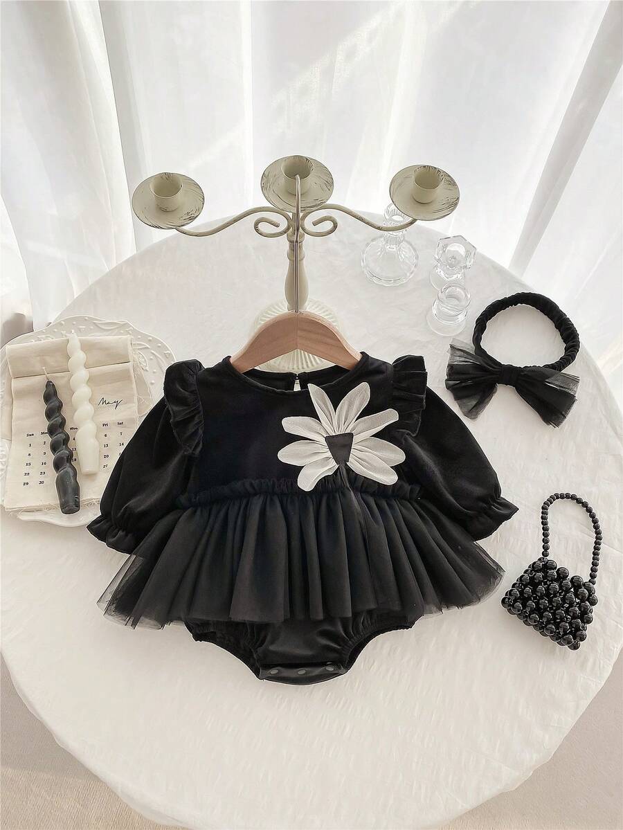 女嬰印花荷葉邊網紗拼接連體衣 - 黑色 - 查看 1