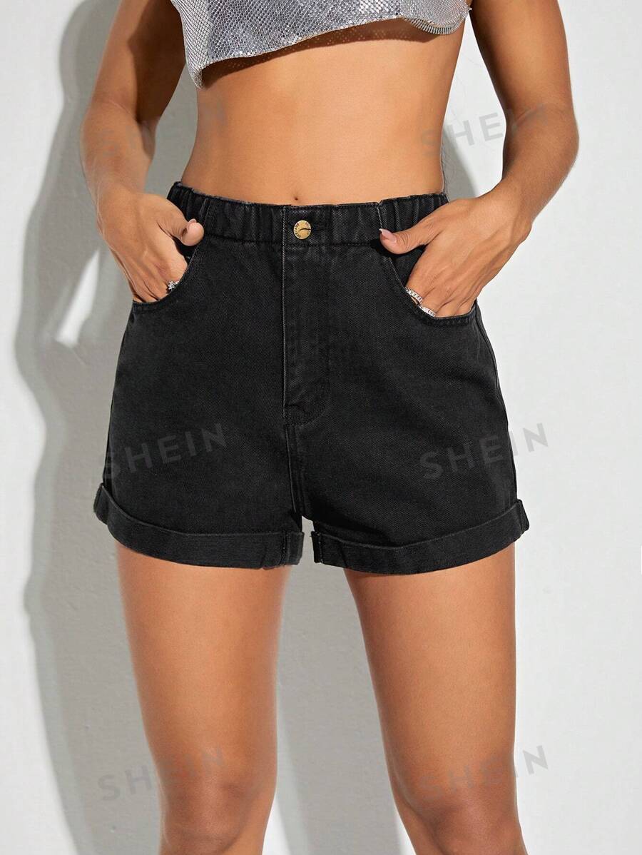 Flexra Shorts en mezclilla de talle alto bajo de doblez - Negro - Ver 1