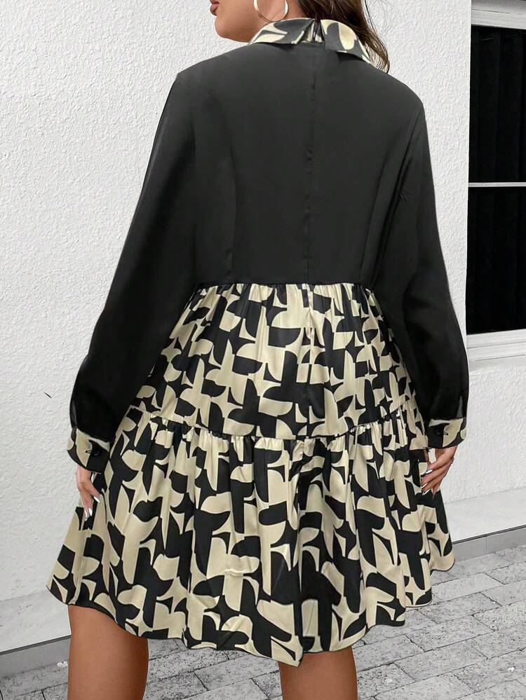 Plus Geo Print Lantern Sleeve Ruffle Hem Dress