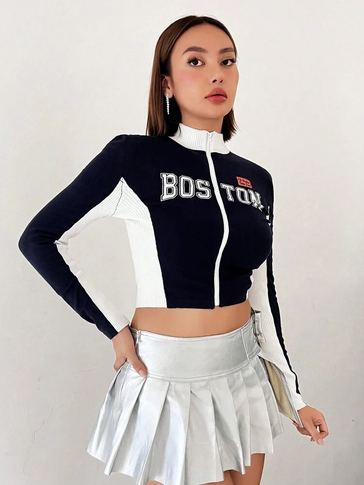 Letter Graphic Zip Up Crop Cardigan