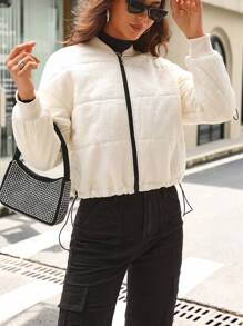 SHEIN LUNE Abrigo acolchado con hombros caídos y dobladillo con cordón para el invierno - Beis - Ver 3