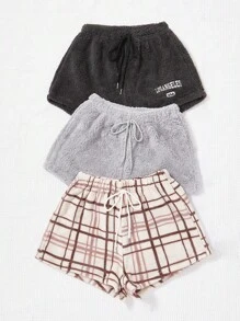 3pcs Tie Waist Flannel Shorts - Multicolor - View 3