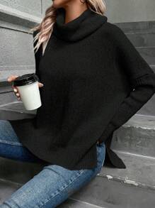 SHEIN LUNE Jersey cuello alto de manga murciélago bajo con abertura