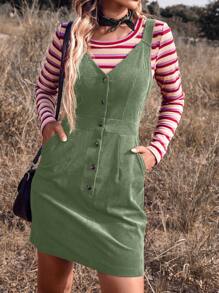 SHEIN LUNE Slant Pockets Button Front Corduroy Overall Dress Without Tee - Army Green - View 3