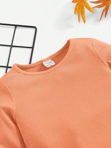 SHEIN 女嬰素色條紋針織T恤和緊身褲 - 橘色 - 查看 4