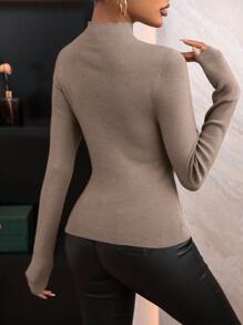 Zolique Suéter de cuello alto con abertura delantera de punto para otoño e invierno - Camel - Ver 2