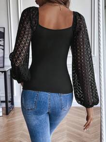 SHEIN Essnce Contrast Lace Lantern Sleeve Scoop Neck Top - Black - View 2