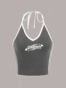 SHEIN ICON Letter Graphic Contrast Binding Halter Top - Grey - View 1