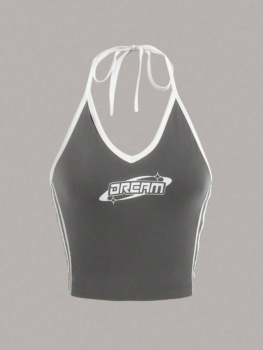 SHEIN ICON Letter Graphic Contrast Binding Halter Top - Grey - View 1