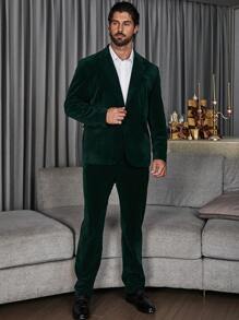 Manfinity 男士大码單釦絲絨西裝外套和褲子 - 綠色 - 查看 1