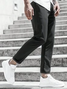 Manfinity Homme Men Solid Drawstring Waist Pants, For Fall - Black - View 5