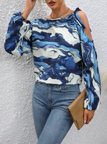 Chiquease 滿版印花打結細節不對稱領燈籠袖襯衫