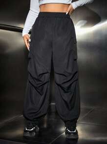 SHEIN Coolane Plus Flap Pocket Side Cargo Pants - Black - View 1