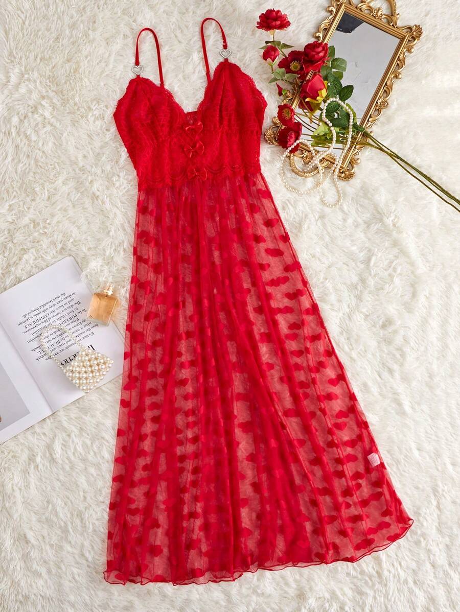 Snug Zone Camisón largo de vestido con estampado de corazón en malla - Rojo - Ver 1