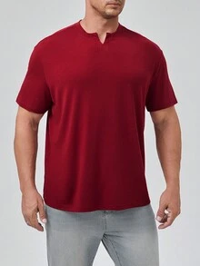 Manfinity Homme 男士大码缺口領T恤 - 酒紅色 - 查看 4