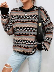 SHEIN EZwear Jersey con patrón geométrico de hombros caídos - Negro - Ver 1