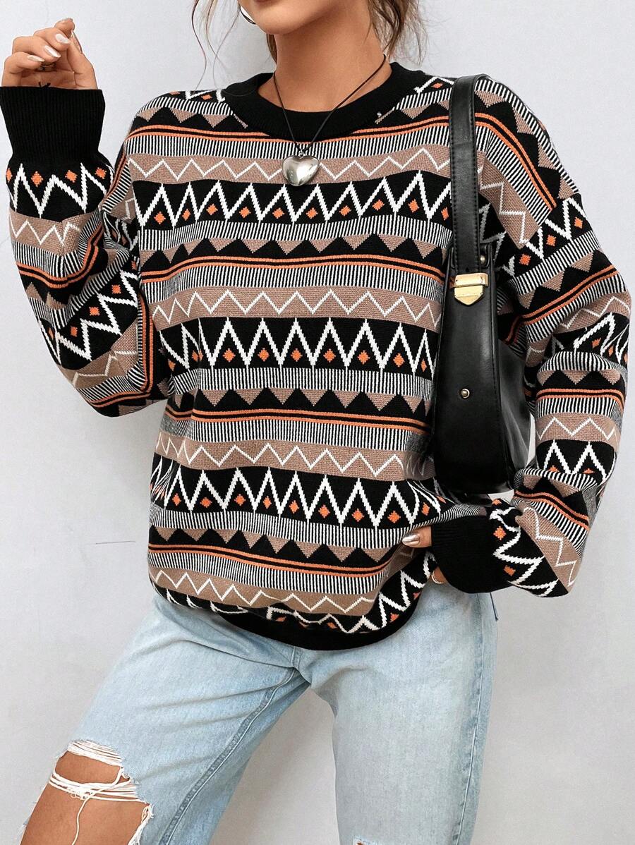 SHEIN EZwear Jersey con patrón geométrico de hombros caídos - Negro - Ver 1