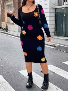 Flirla Plus Floral Pattern Square Neck Sweater Dress - Black - View 4