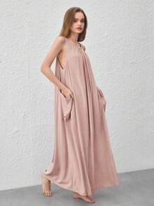 Leisure Natural Linen Comfy & Breathable Side Pocket Lounge Dress-Pink - Coral Pink - View 6