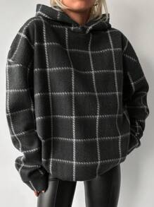 RueChic Plaid Print Drop Shoulder Hoodie - Dark Grey - View 4