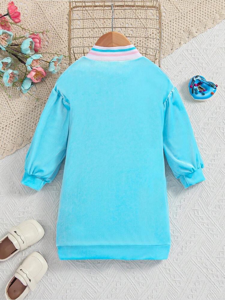 Baby Girl Letter Embroidery Striped Trim Dual Pocket Half Zip Drop Shoulder Dress