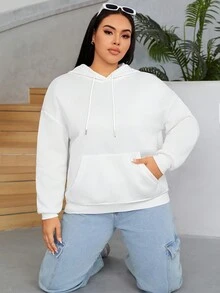 SHEIN EZwear Plus Size Wave & Japanese Letter Graphic Drop Shoulder Drawstring Sweatshirt - White - View 2