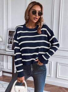 SHEIN LUNE 条纹图案落肩针织套头衫秋冬毛衣 - 彩色 - 查看 6