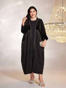 Al Najma 大碼拼接滾邊蝙蝠袖阿拉伯罩袍 - 黑色 - 查看 5
