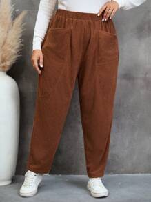 SHEIN LUNE 大碼雙口袋燈芯絨長褲 - 卡其色 - 查看 3