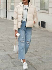 EURMUSE Zip Up Hooded Puffer Coat - Beige - View 5