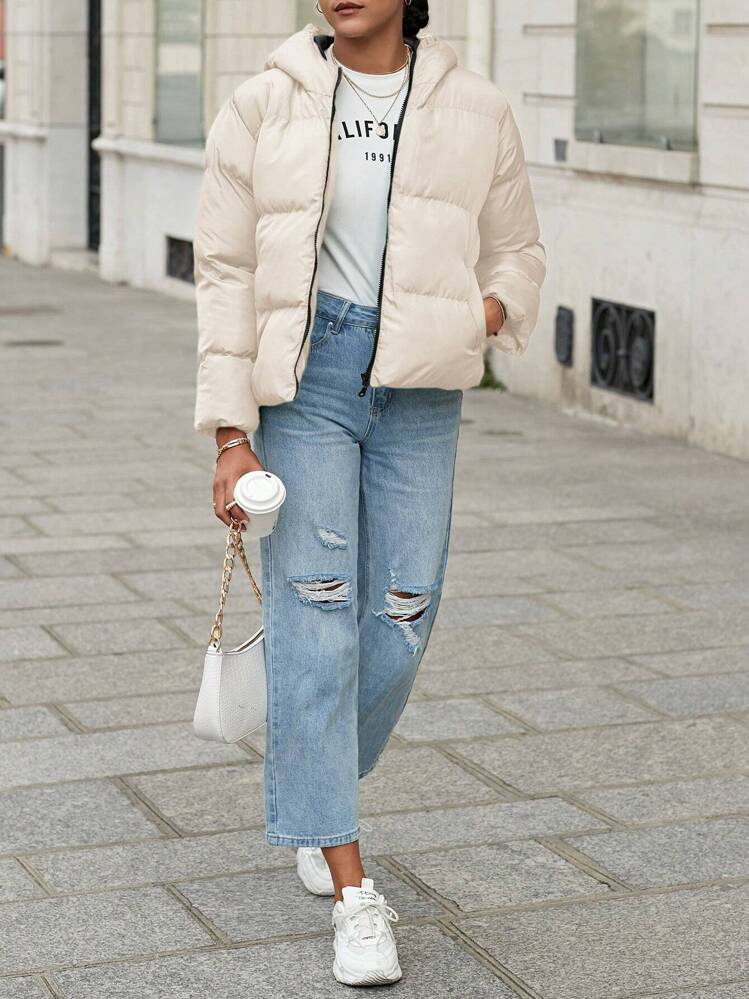 EURMUSE Abrigo acolchado con cremallera con capucha - Beis - Ver 5