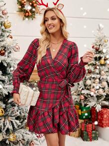 Chiquease 格子呢圖案荷葉邊繫腰帶洋裝 - 紅色 - 查看 6