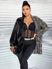 Flirla Talla grande Abrigo con estampado de leopardo de malla en contraste PU - Multicolor - Ver 1