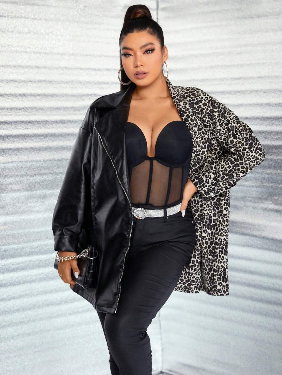 Flirla Talla grande Abrigo con estampado de leopardo de malla en contraste PU - Multicolor - Ver 1