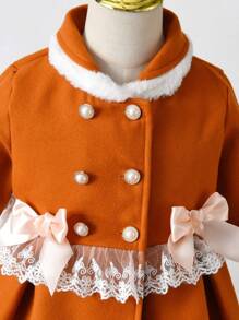 SHEIN Young Girl 1pc Contrast Lace Double Breasted Bow Front Overcoat - Brown - View 3