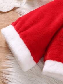 SHEIN Young Girl Antler & Pom Pom Decor 3D Ear Design Hooded Fleece Cape Coat for Christmas - Red - View 3