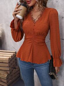 SHEIN Clasi 圓點蕾絲邊荷葉袖褶邊襯衫 - 棕色 - 查看 6