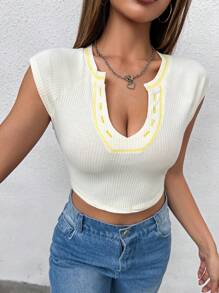 SHEIN Unity 缺口領拼接邊插肩袖短款T恤 - 杏色 - 查看 5