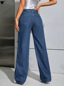 SHEIN ICON Coolmax斜口袋寬腳牛仔褲 - 藍色 - 查看 2