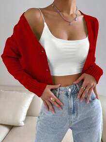 Flirla 1 件纽扣前 V 领开衫，适合新年衣服，长袖上衣 - 紅色 - 查看 6