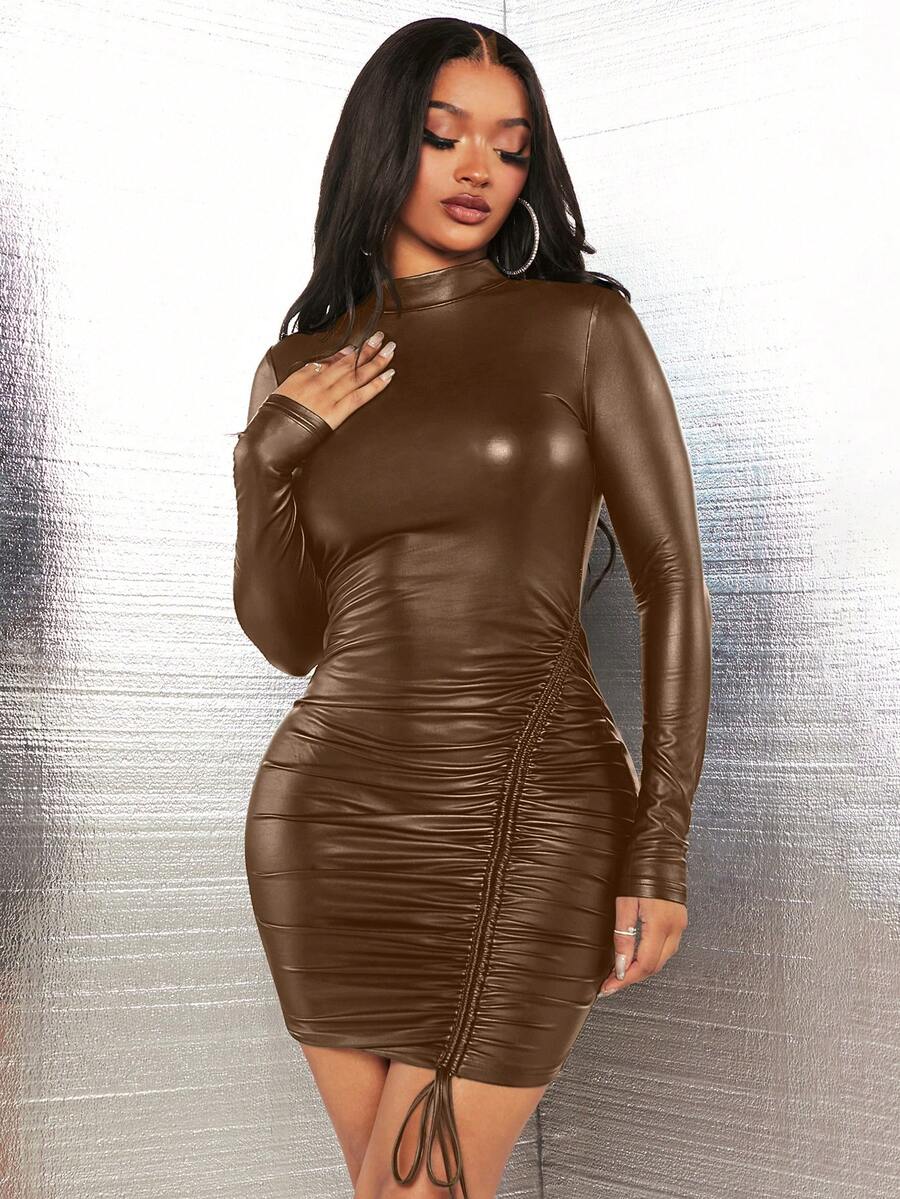 SHEIN SXY Mock Neck Drawstring Front Bodycon Dress - Brown - View 1