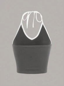 SHEIN ICON Letter Graphic Contrast Binding Halter Top - Grey - View 2
