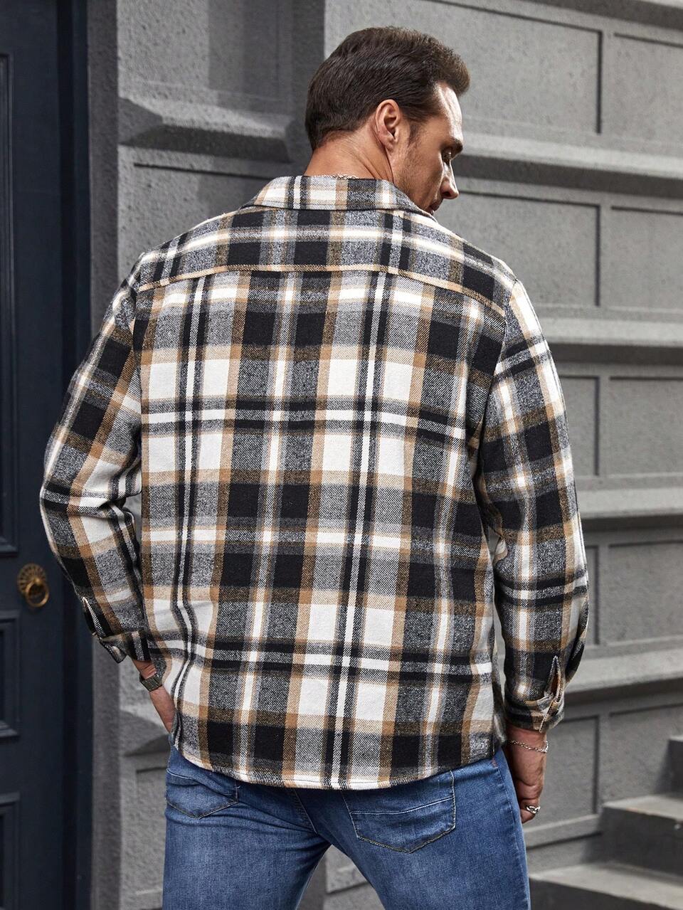 Men Plus Plaid Print Pocket Patched Overcoat
