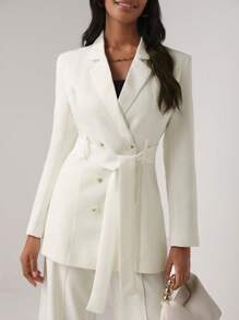 Lillian Butterworth Lapel Neck Double Breasted Belted Blazer