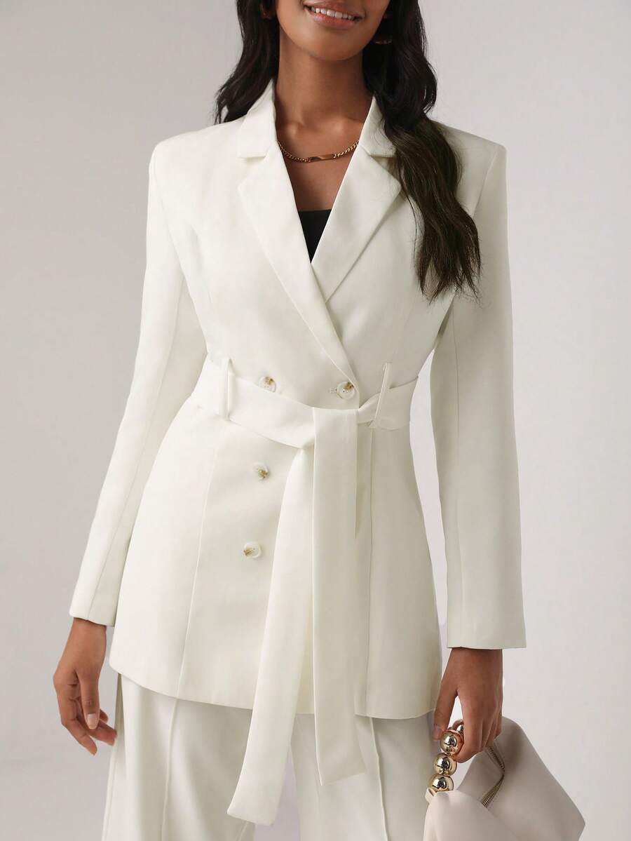 Lillian Butterworth Lapel Neck Double Breasted Belted Blazer