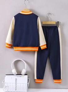 SHEIN Young Boy Letter Patched Striped Trim Varsity Jacket & Sweatpants Without Tee - Royal Blue - View 2